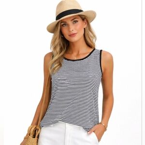 Picadilly Fashions Sleeveless Striped Top LG Made in Canada Navy White Stretch